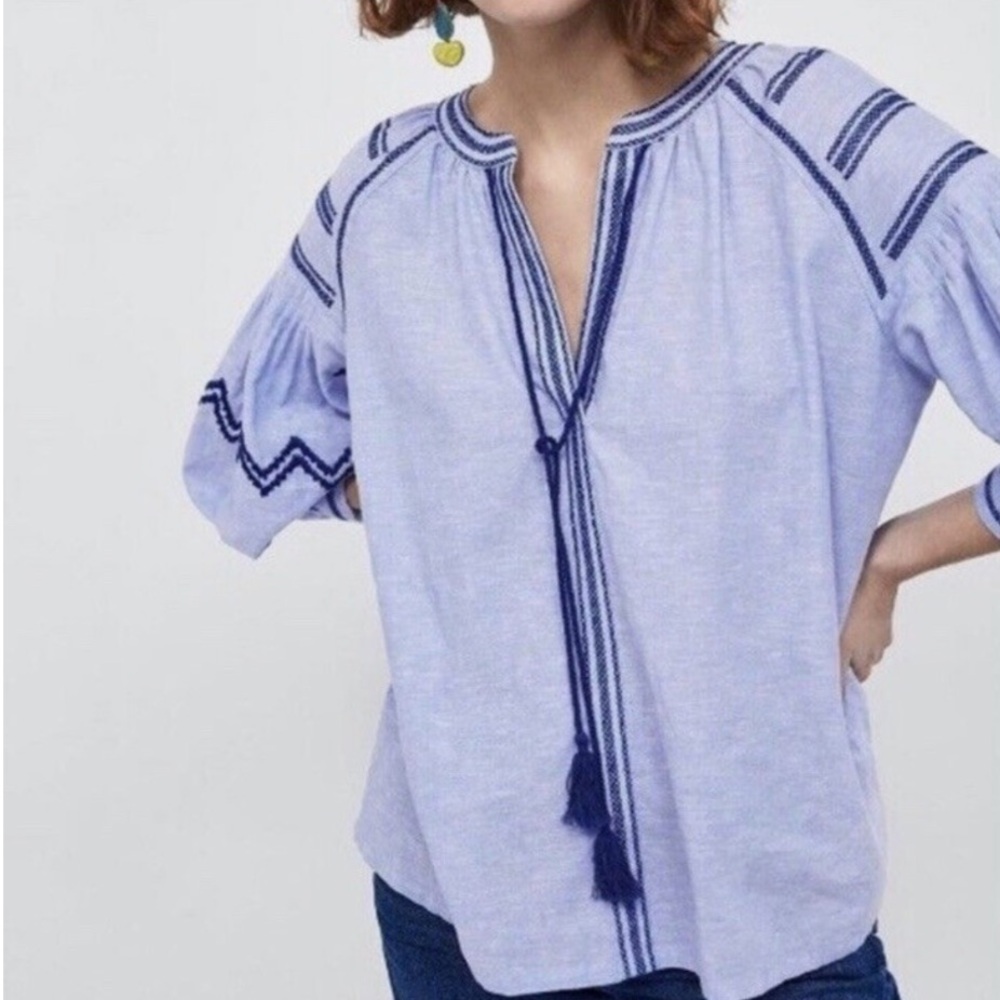 Zara Embroidered Puff Sleeve Blouse